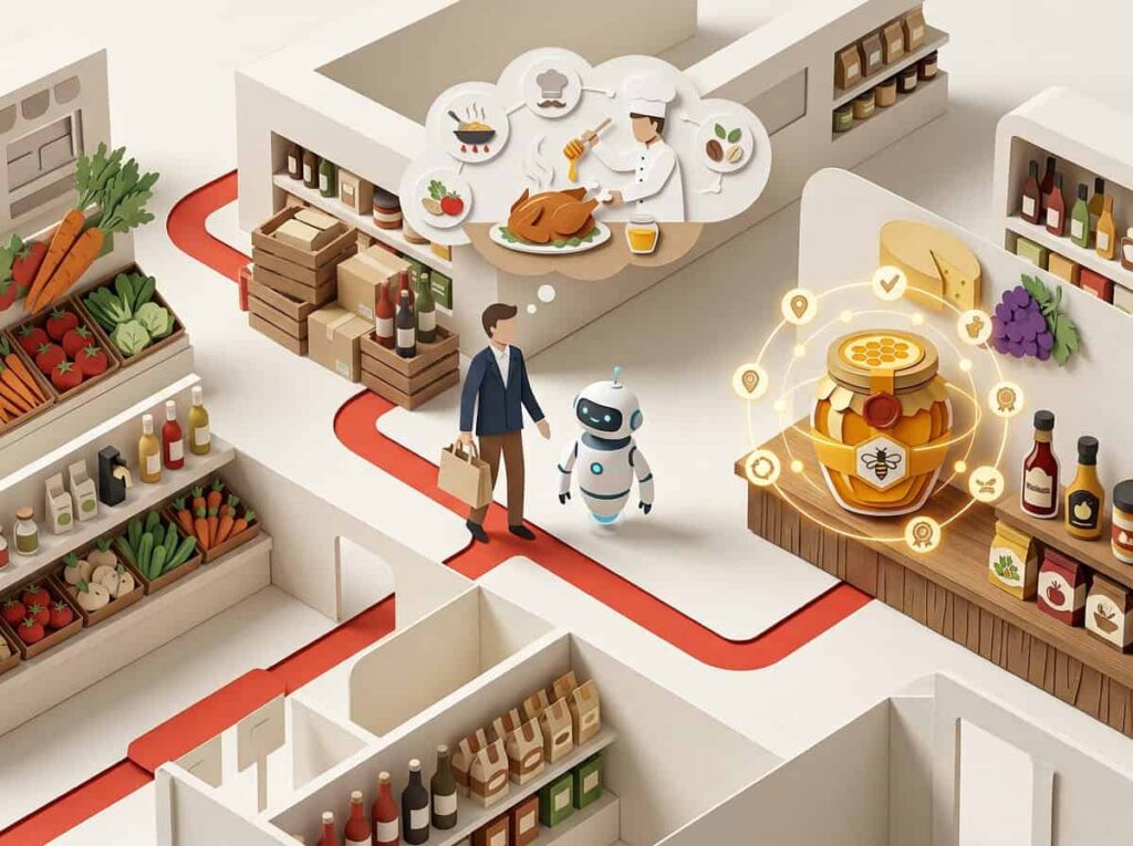 What Entity Architecture looks like in search - An AI robot assistant guiding a shopper along a direct path in a grocery store to a highlighted organic honey jar, mapping the contextual relationship between ingredients.