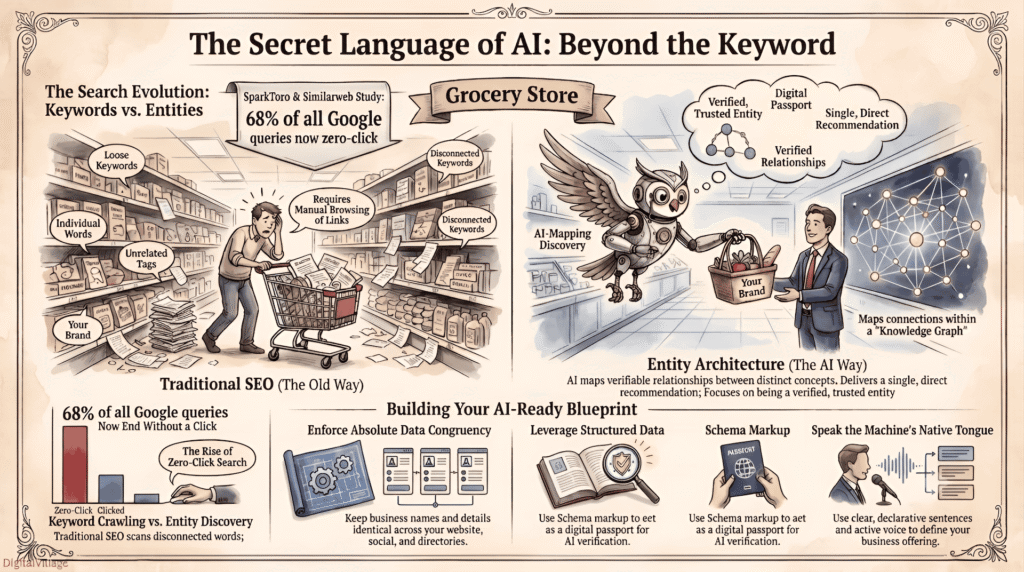An infographic titled 'The Secret Language of AI: Beyond the Keyword' breaking down Traditional SEO vs Entity Architecture using a grocery store analogy and an AI-Ready Blueprint framework.