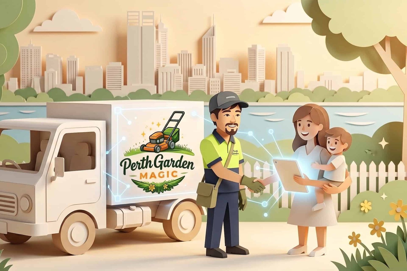 A premium gardening service vehicle operating in a residential area, demonstrating the real-world impact of modern AI-optimised web design and SEO in Perth for local business entity validation.