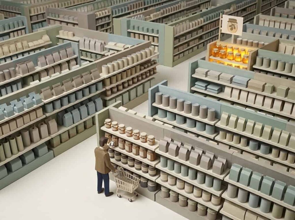 A shopper with a cart scanning rows of generic shelves in a massive grocery store maze, symbolizing traditional keyword crawling vs AI Entity Architecture.