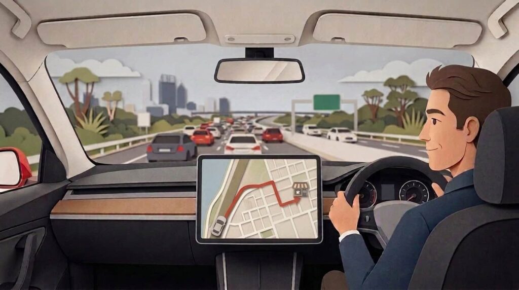 An indoor car point-of-view papercraft illustration of a smiling driver in a modern vehicle using predictive GPS navigation on a dashboard screen to bypass a bottleneck, showcasing a future-proof web design and SEO Perth framework built by an AI-optimised web developer.