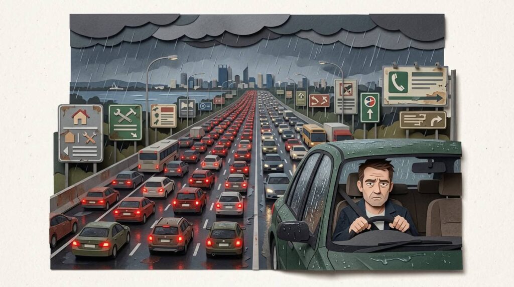 An illustration of a stressed driver stuck in a heavy rainy traffic jam on the Kwinana Freeway facing the Perth city skyline, demonstrating the pitfalls of outdated web design and SEO in Perth strategies where search bots manually crawl unoptimised code linearly.
