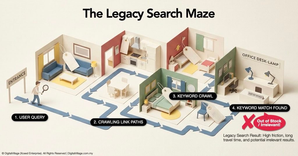 The Legacy Search Maze showing a step-by-step IKEA showroom analogy for traditional SEO keyword crawling
